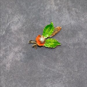 Vintage Enamel Green Leaf and Pearl Brooch